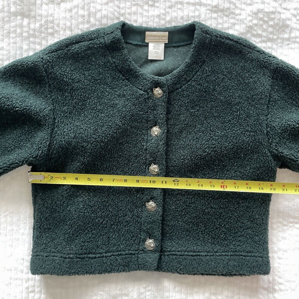 90s Vintage Coldwater Creek Green Sherpa Cardigan Jacket Wolf Buttons Womens S - Picture 9 of 11
